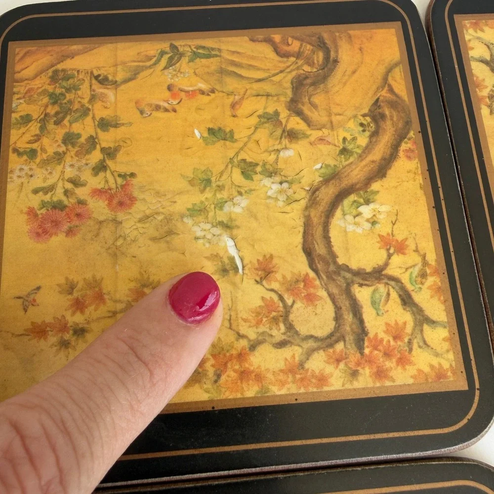 Vintage Pimpernel England Chinoiserie Cork Coasters Set of 6 Gold Bird Floral